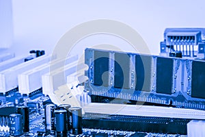 Close up of Electronic Ram random access memory on Mainboard computer