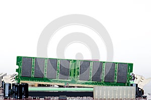 Close up of Electronic Ram random access memory on Mainboard computer