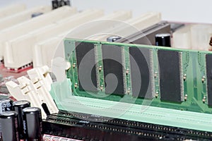 Close up of Electronic Ram random access memory on Mainboard computer