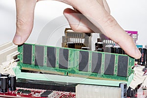 Close up of Electronic Ram random access memory on Mainboard computer