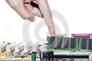 Close up of Electronic Ram random access memory on Mainboard computer