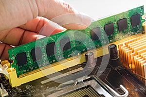 Close up of Electronic Ramrandom access memory on Mainboard computer