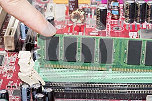 Close up of Electronic Ramrandom access memory on Mainboard computer