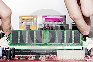 Close up of Electronic Ramrandom access memory on Mainboard computer
