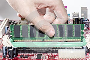 Close up of Electronic Ramrandom access memory on Mainboard computer