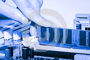 Close up of Electronic Ramrandom access memory on Mainboard computer