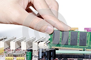 Close up of Electronic Ramrandom access memory on Mainboard computer