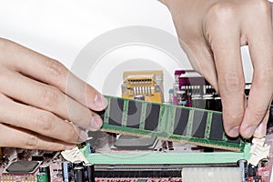 Close up of Electronic Ramrandom access memory on Mainboard computer