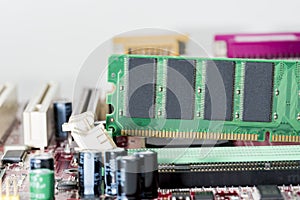 Close up of Electronic Ramrandom access memory on Mainboard computer