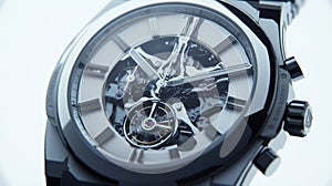 Close-up of an elegant black wristwatch with a visible tourbillon mechanism. The watch features a sleek design and photo