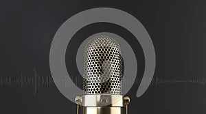 Close-up elegant golden microphone frontally on a black background with sound waves. podcast concept