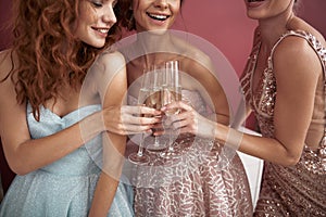 Close up of elegant ladies clanging champagne