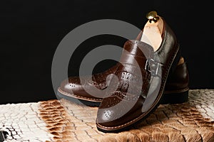 Close-up of elegant mens brown shoes. Men`s fashion shoes