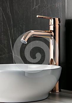 Close-up of an elegant rose golden faucet in the bathroom sink next to stylish decorations. A beautiful sink with a