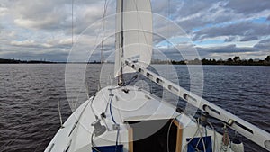 Close-up, element of a sailing yacht. Yacht trip. White yacht under sail
