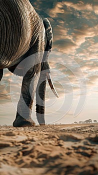 Close-up of an elephant with tusks under a cloudy sky