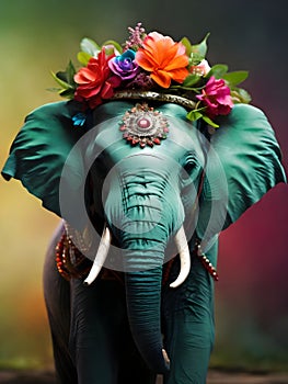 Close up, elephant wearing a colorful big flower crown