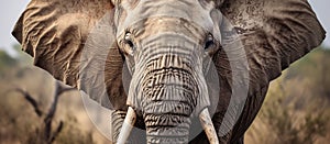 Close up of an elephants trunk and tusks in a natural landscape