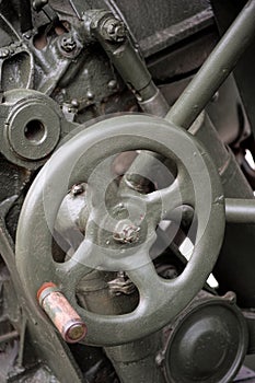 Close-up of elevating hand-wheel of a soviet artillery gun