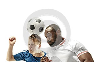 Close up of emotional men playing soccer hitting the ball with the head on isolated on white background