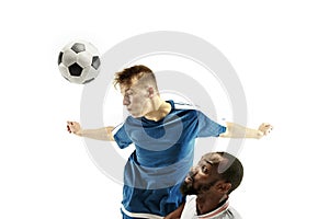 Close up of emotional men playing soccer hitting the ball with the head on isolated on white background