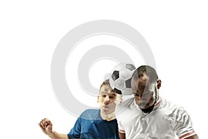 Close up of emotional men playing soccer hitting the ball with the head on isolated on white background