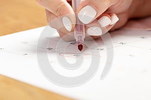 Close up on employee woman hand using red pen to writing schedule on calendar 2022 to make an appointment meeting or manage