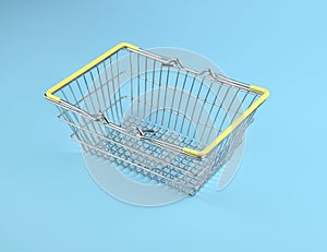 Close up of empty chrome wire basket on blue background