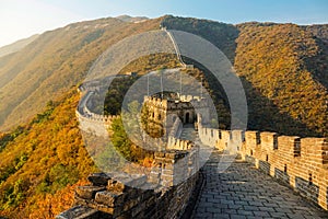 CLOSE UP: Empty cobblestone walkway runs on top of ancient Great Wall of China.