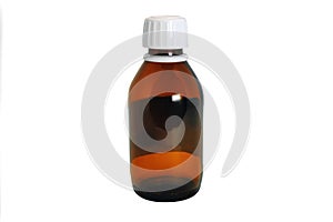 Close-up empty dark glass pharmacy bottle isolate on white background