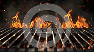 Close-up of empty grill with flames, ready for a BBQ. Ideal for culinary backgrounds. Outdoor cooking concept. High