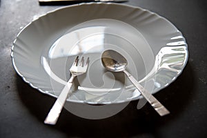 Close up of empty plate with fork and spoon