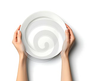 Close-Up of Empty Plate Held by Hands Isolated on White Background