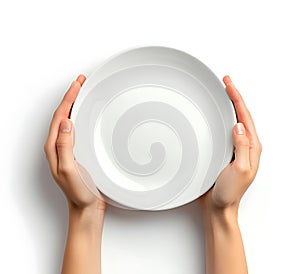 Close-Up of Empty Plate Held by Hands Isolated on White Background