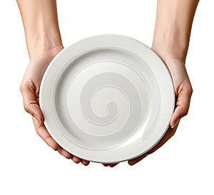 Close-Up of Empty Plate Held by Hands Isolated on White Background