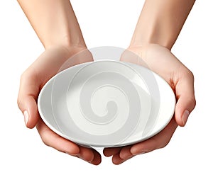 Close-Up of Empty Plate Held by Hands Isolated on White Background