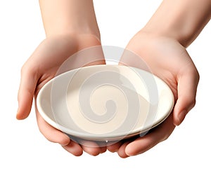 Close-Up of Empty Plate Held by Hands Isolated on White Background
