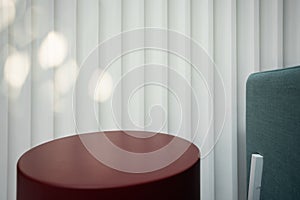 Close up empty red circular podium display on white wooden background with tree shadow red rectangle stand concept. Blank product