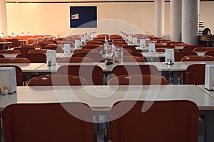 Close up - empty seats of a university canteen after the cancellation of schools