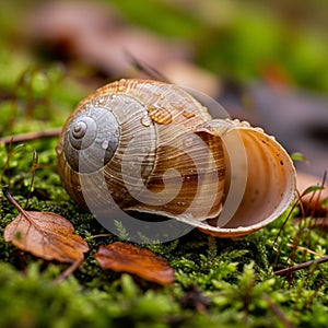 A close-up of an empty snail shell resting on a bed of green moss and surrounded by
