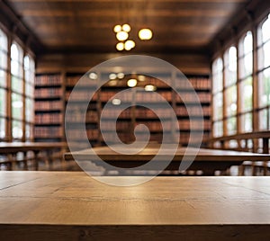 Close-up empty Top of wooden table with Blurred the libraryn  background can used for display or montage your product.