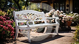 Close-up of empty white garden bench in garden in summer surrounded by blooming