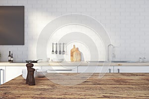 Empty wooden kitchen counter photo