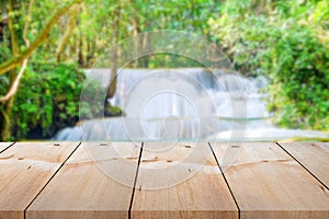 Close-up empty wooden plank long table top on vintage style for put product and anything display with outdoor