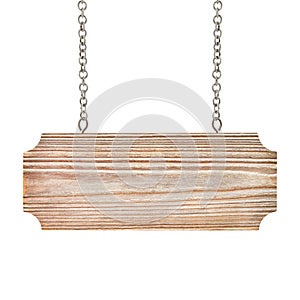 Close up of an empty wooden sign hang with chian on white background