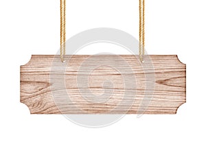 Close up of an empty wooden sign hanging on a rope on white background