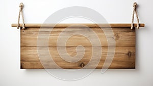 Close up of an empty wooden sign hanging on a rope on white background. Neural network ai generated photo