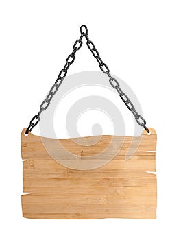 Close up of an empty wooden sign on white background