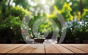 Close up of empty wooden table top with blur nature garden park background