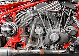 Close-up of an engine on a chopper bike. Horizontal side view of